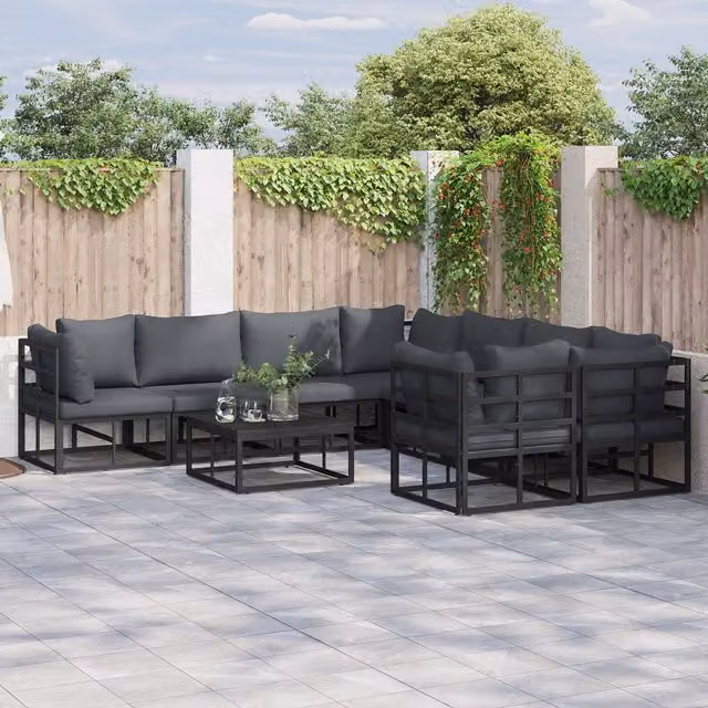 Berkfield Home 8 Piece L-Shape Garden Sofa Set in Black with Powder Coated Aluminium Frame, W/D/H: 283 x 283 x 71 cm