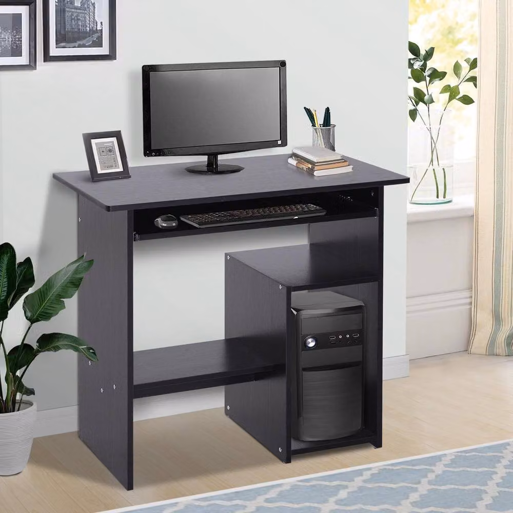 ERGOVEXA Compact Small Computer Table in Black with Keyboard Tray and Storage – 3