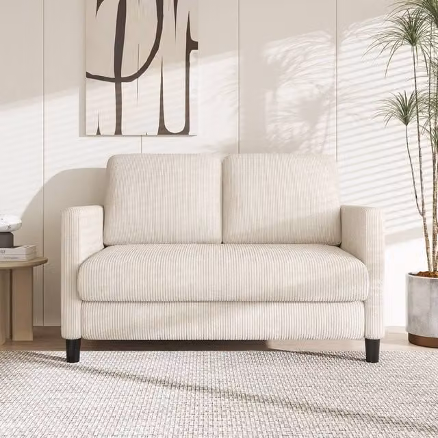 Dprodo Beige Corduroy Small Sofa Loveseat with Spring Core, Width: 129 cm