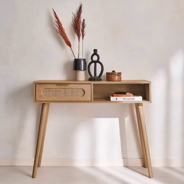 sweeek Modern Wood and Cane Rattan Console Table in Light Brown, W: 100 cm, H: 81 cm – 1