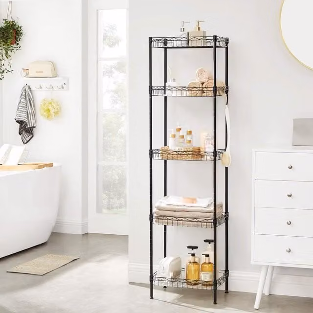 SONGMICS Metal Wire Kitchen Storage Shelf with Adjustable Shelves and Hooks, Black