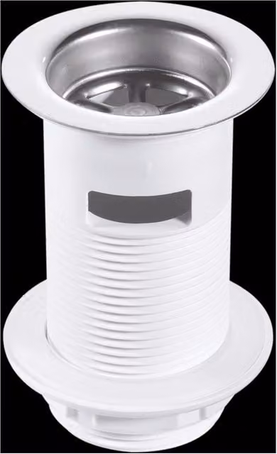 McAlpine 1.25 inch White Plastic Basin Waste with Stainless Steel Flange and Black PVC Plug