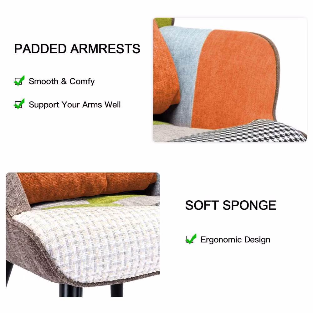 HomeMiYN Orange and Multicolour Abstract Patchwork Mid-Century Single-Seater Sofa with Matching Ottoman and Armrests – 4
