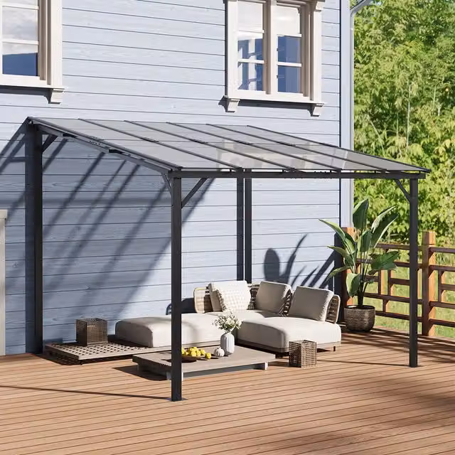 Livingandhome Wall-Mounted Lean-to Patio Canopy Gazebo, Grey, W: 300 cm, D: 300 cm, H: 300 cm