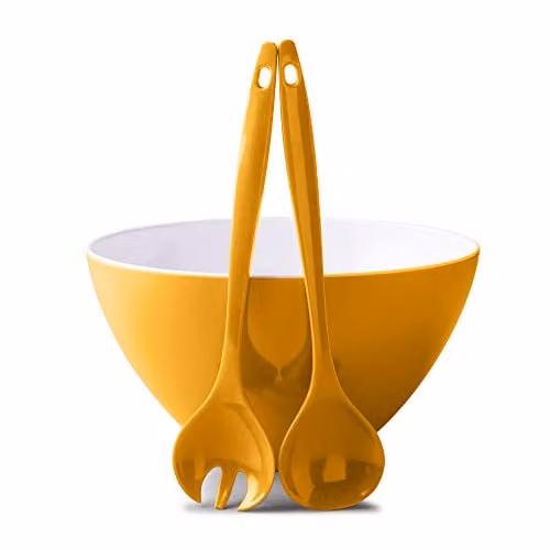 Zeal Melamine Round Salad Bowl and Server Set in Yellow and White – 1