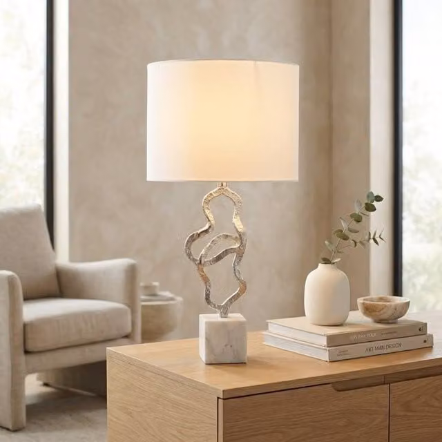 Garden Greatness Silver Swirl Table Lamp with Marble and Stainless Steel Base