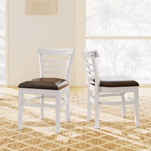 Costway Set of 2 Mid-Century Modern White PU Leather Upholstered Dining Chairs with Rubberwood Legs – 1