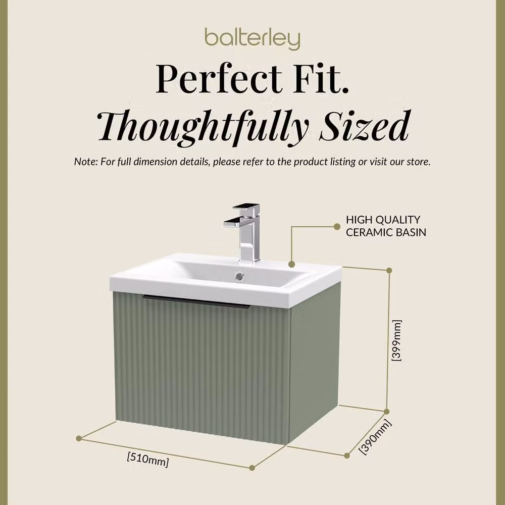 Balterley Front Wall Hung Single Drawer Vanity Basin Unit, Satin Green, W: 50 cm, D: 39.9 cm, H: 50 cm – 3