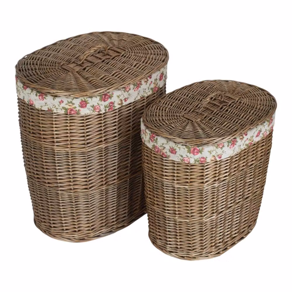 Red Hamper Set of 2 Antique Wash Garden Rose Oval Wicker Laundry Baskets with Cotton Linings and Handles in Brown and Red – 2
