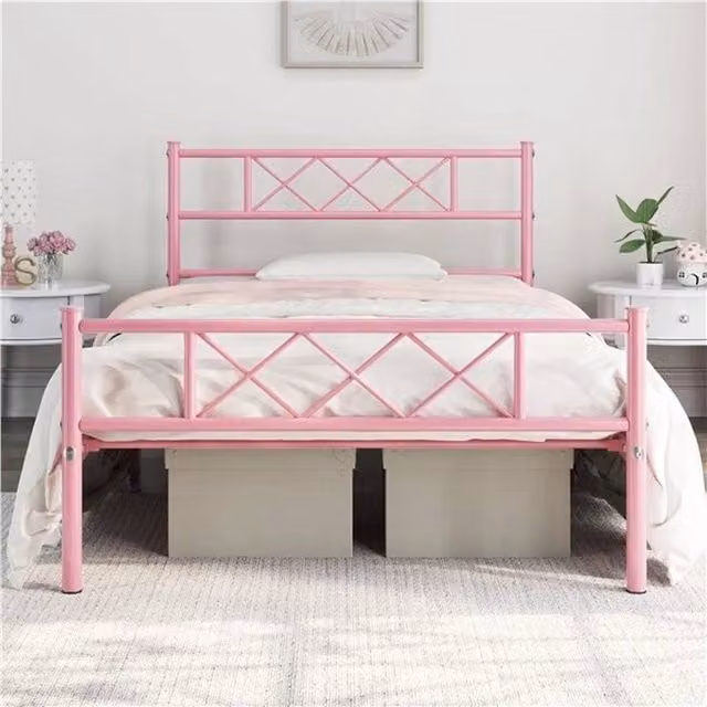 Kelvenix Single Metal Bed Frame in Pink, W/D/H: 90 x 200 cm