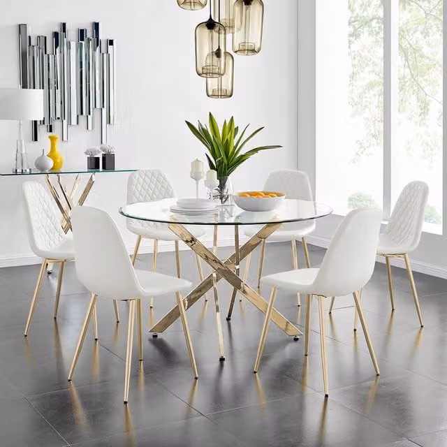 FurnitureboxUK Novara Dining Table and Six Corona Gold Chairs Set in White and Gold