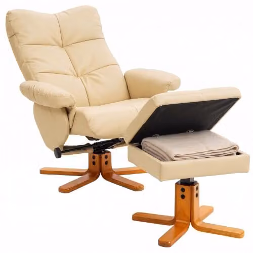 HOMCOM Beige PU Leather Swivel Recliner Chair with Ottoman and Solid Wood Base – 1
