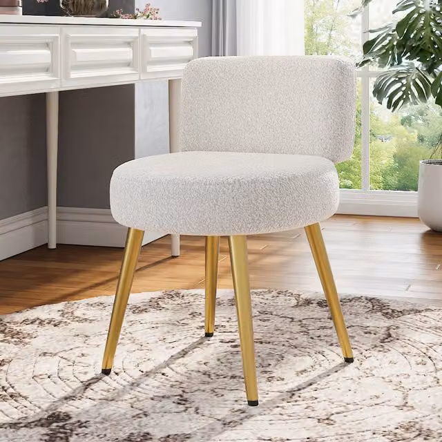 Komore Modern Metal Vanity Stool in Beige, Gold and White