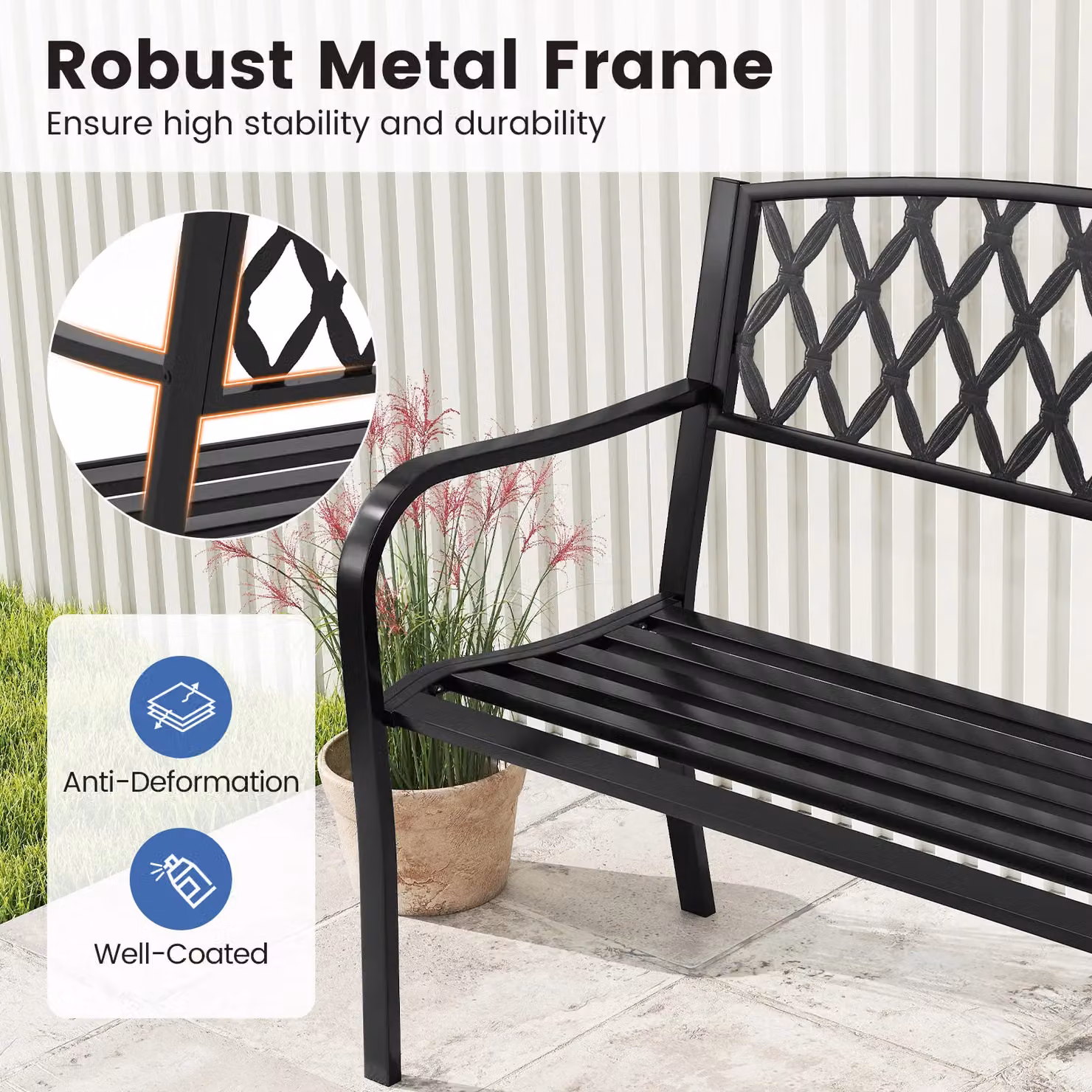 Gymax Heavy-Duty Metal 2-Seater Garden Bench in Matt Black – 4