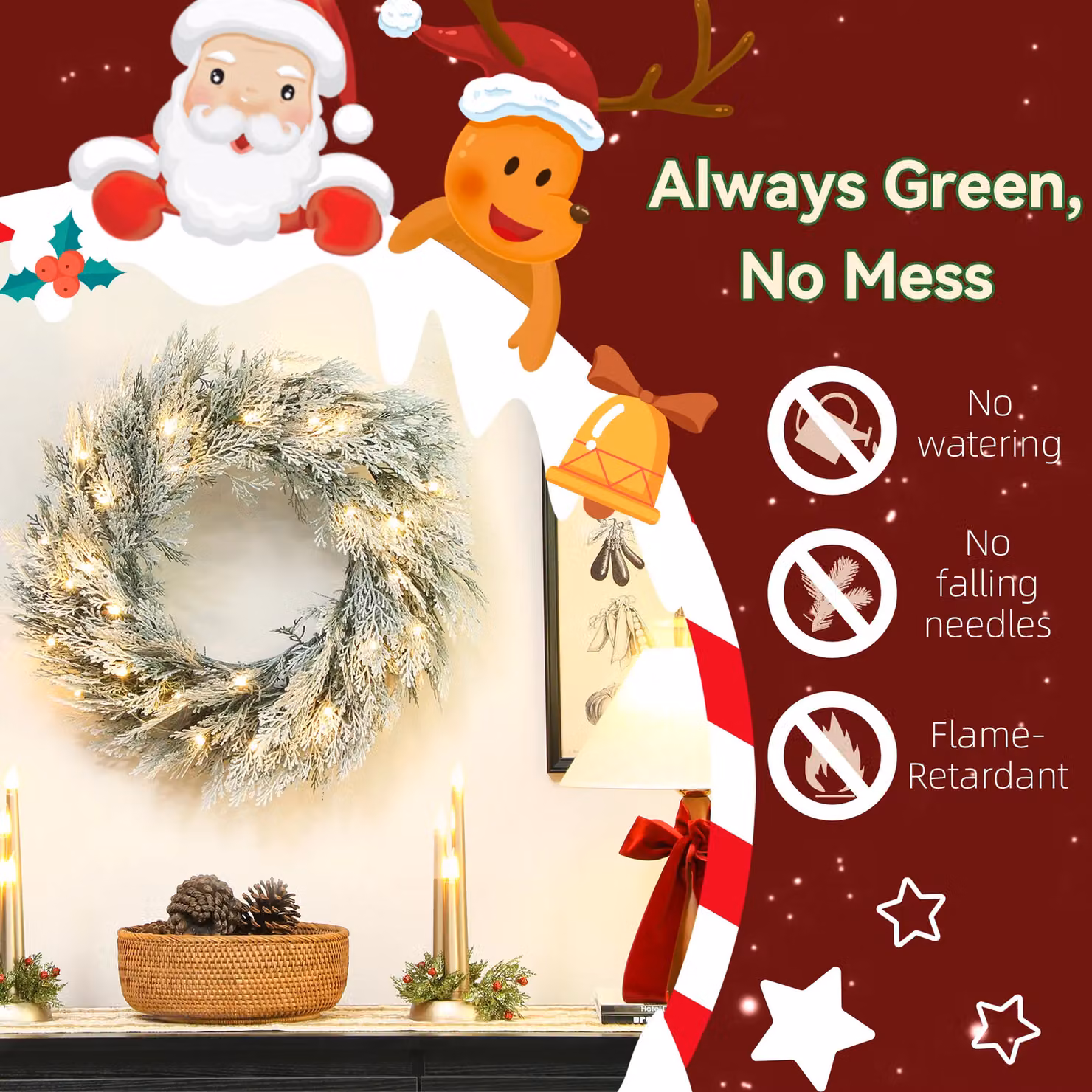 HOMCOM Round Flocked Christmas Wreath with Timer in Green, Silver and White, Diameter: 60 cm – 4