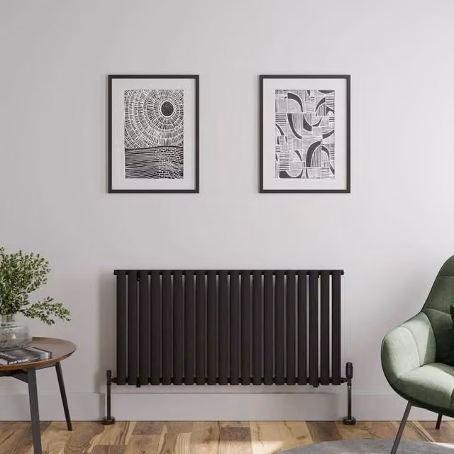 Temprazo Oval Tube Single Panel Horizontal Designer Radiator in Black, W: 120 cm, H: 60 cm, D: 6 cm
