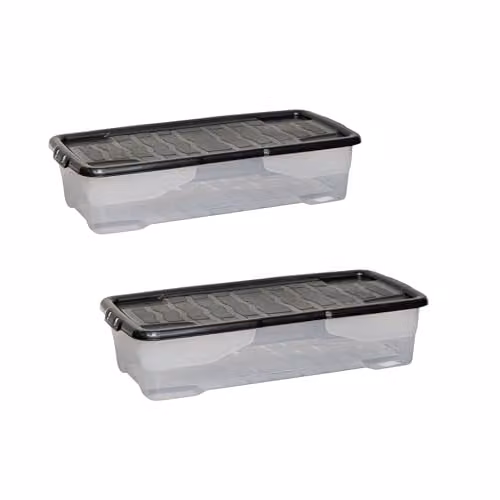 Samuel Alexander 2 Pack of 42L Under Bed Stackable and Nestable Storage Boxes with Black Lid, Transparent and Black – 2