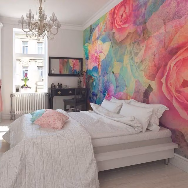 Origin Murals Memories Modern Floral Wall Mural in Multicolour and Pink, Medium