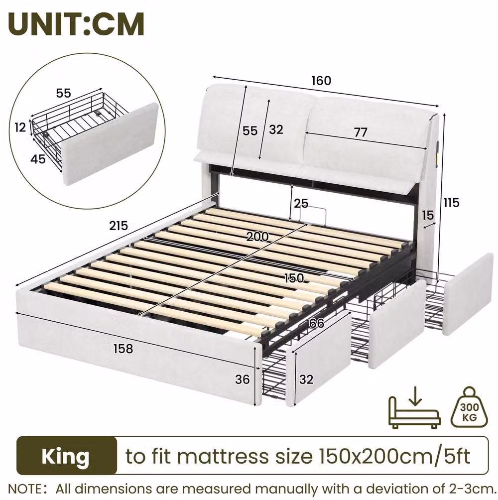 STILVORA King Size Ottoman Bed with Storage, USB Charging Port and LED Lighting in Cream Velvet Fabric, W/D/H: 180 x 200 cm – 2
