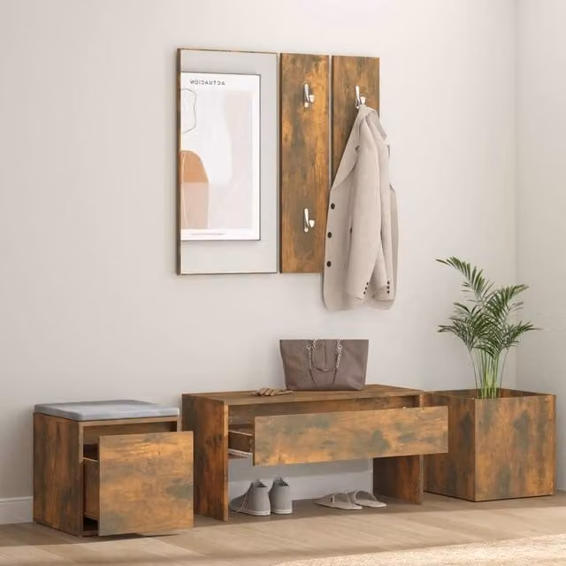 Berkfield Home Industrial Hallway Furniture Set in Smoked Oak Brown, including Bench, Mirror and Panel – 1