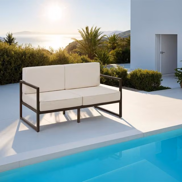 tectake Modern Two-Seater Garden Sofa with Rattan and Metal Frame in Brown, Beige and Grey
