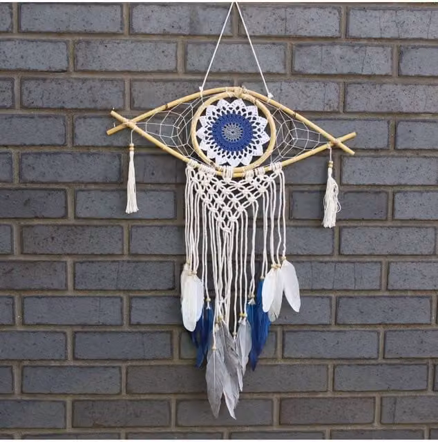 KDMD Protection Dream Catcher Med Macrame Evil Eye in White, Blue and Grey