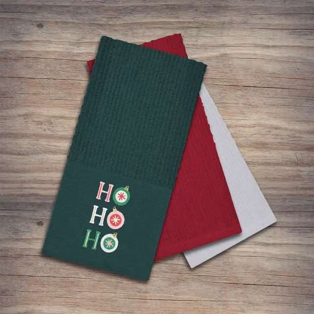 Noel Square Pack of 3 Highly Absorbent Cotton Tea Towels, Green and Multicolour Graphic Design