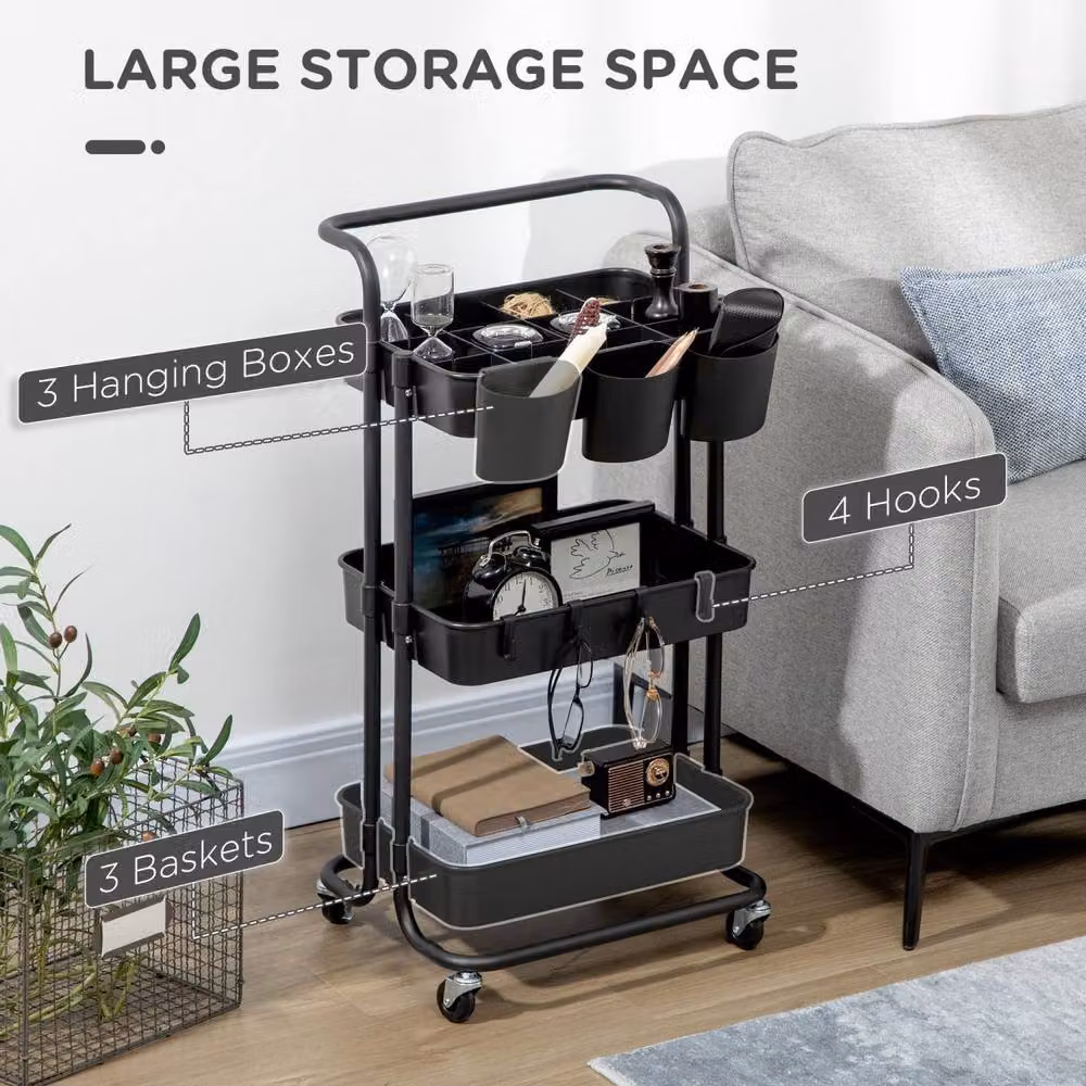 Wyld Haus Nirelu 3 Tier Black Metal Home Trolley with Handle and Lockable Wheels W/D/H: 38.0 x 42.0 x 86.5 cm – 6
