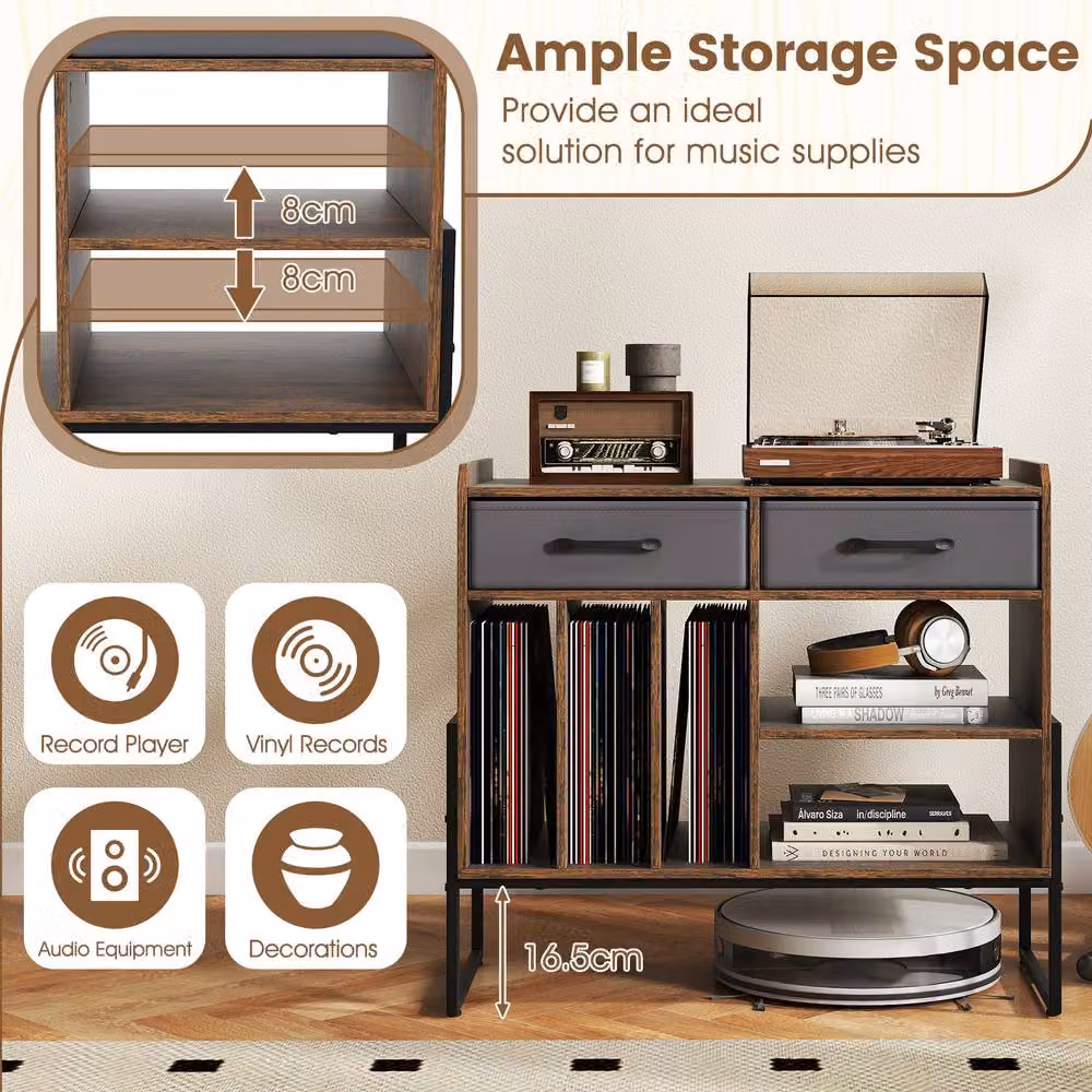 Costway Industrial Record Player Stand with Charging Station and 2 Drawers, Brown Vinyl Storage Cabinet – 8