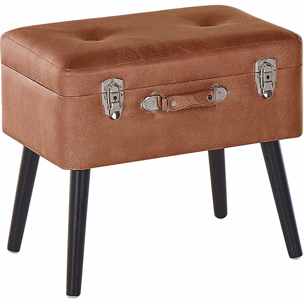 Wyld and Coco Buttoned Storage Stool in Brown Faux Leather with Vintage Suitcase Design, W/D/H: 46 x 36 x 52 cm – 2