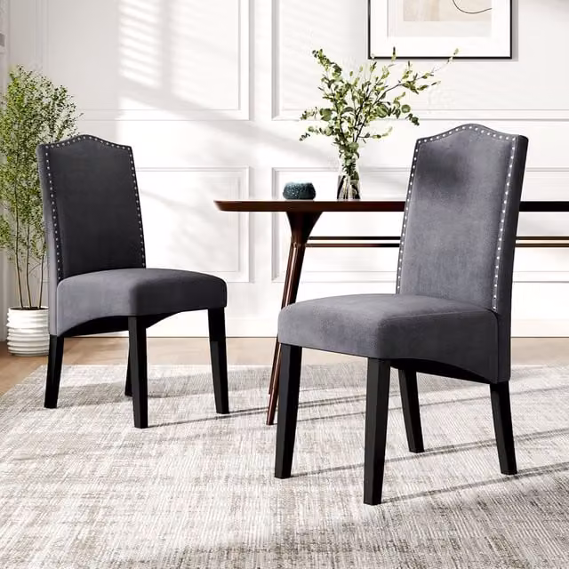 Komore Set of 2 Modern Grey Velvet Dining Chairs with Black Metal and Wood Accents