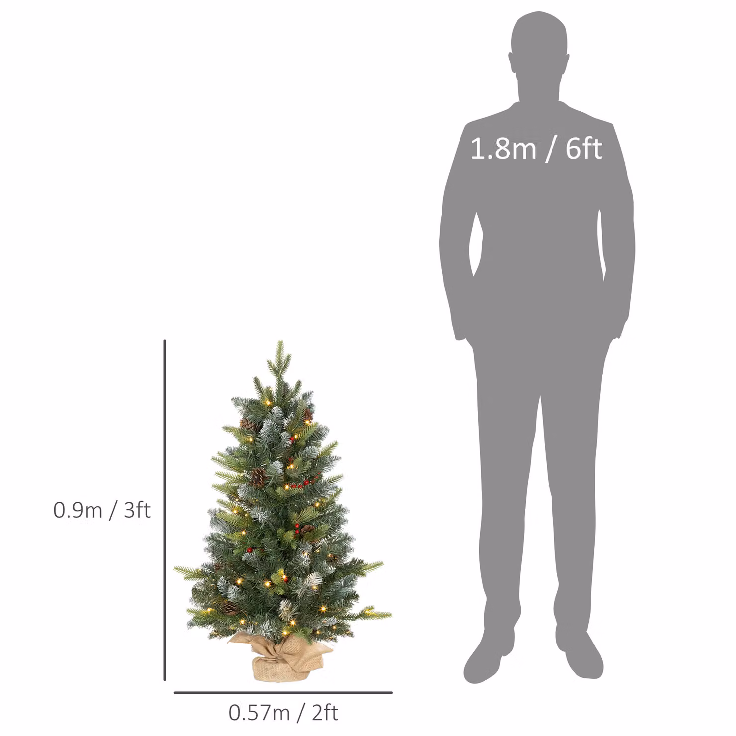 HOMCOM 2 Piece Green Tabletop Christmas Tree Set with Lights, Pine Cones and Red Berries, 3ft – 3