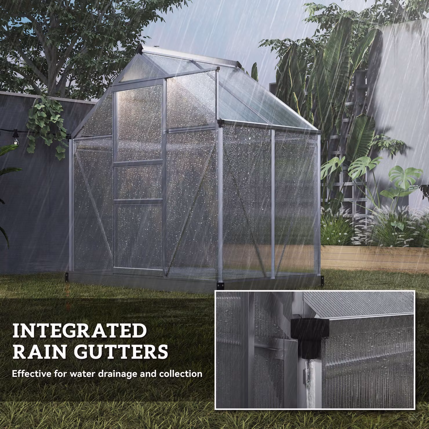 Outsunny Polycarbonate Greenhouse with Aluminium Frame, Sliding Door and Window, Silver Tone, W: 182.88 cm, D: 121.92 cm, H: 201.0 cm – 6
