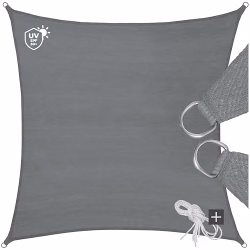 tectake Sun Shade Sail Grey, Square Polyethylene Fabric Awning with UPF 50+ UV Protection, W x W: 3 x 3 m