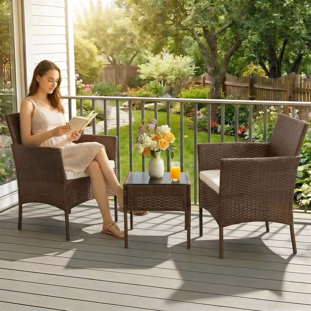 Alivio Modern Brown Polyrattan Bistro Set with 2 Lounge Armchairs, Cushions and Coffee Table – 3