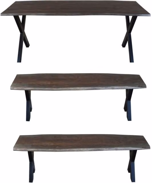 IH Design Live Edge Acacia Wood Dining Table Set with 2 Benches in Grey and Brown