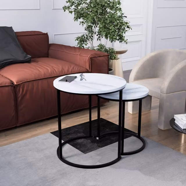 Vida Designs Brooklyn Nest of 2 Round Tables with White Marble Tops