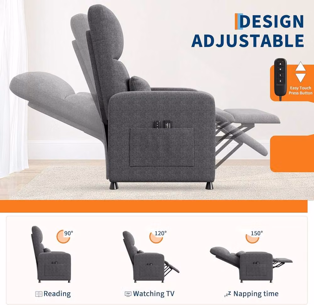 London Boutique Grey Fabric Recliner Sofa with 4-Point Massage, Heat, and USB Port – 6
