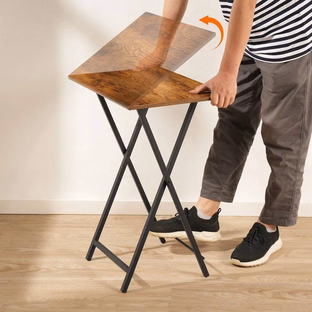 PAWNORA Brown Rustic Folding Side Table and TV Tray with Metal X-Frame, W/D/H: 36.0 x 36.0 x 65.5 cm – 4