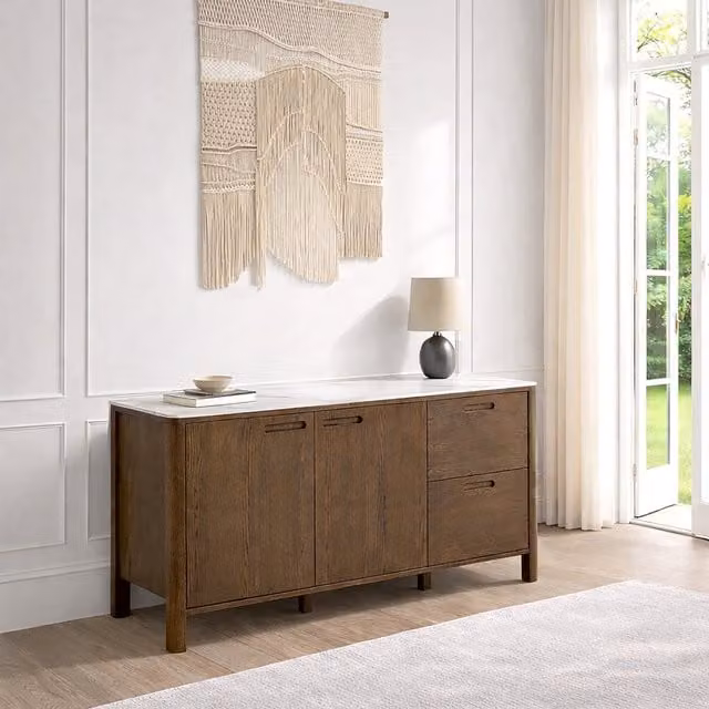 Furniture To Go Southampton Sideboard with 2 Doors, 2 Drawers and 2 Shelves in Beige and Brown Ceramic and Oak Wood