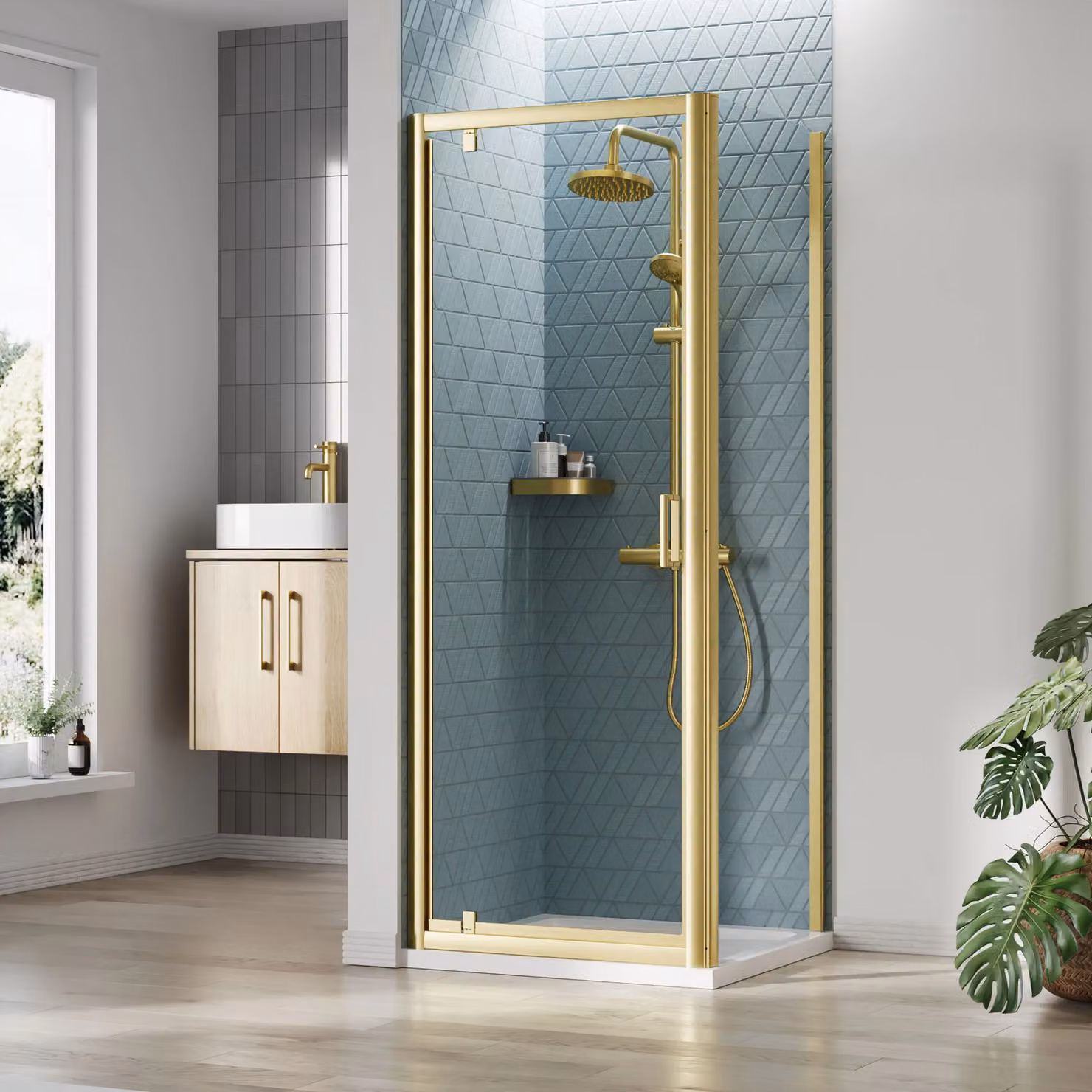 Balterley Ruwa Square Corner Pivot Shower Suite with 6mm Glass and Tray in Gold – 2