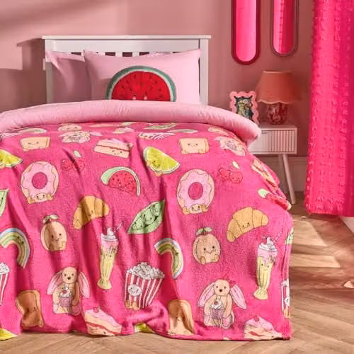 OHS Sweetie Pies Fluffy Fleece Throw Blanket, Pink and Multicolour, W: 125 cm, D: 150 cm – 2