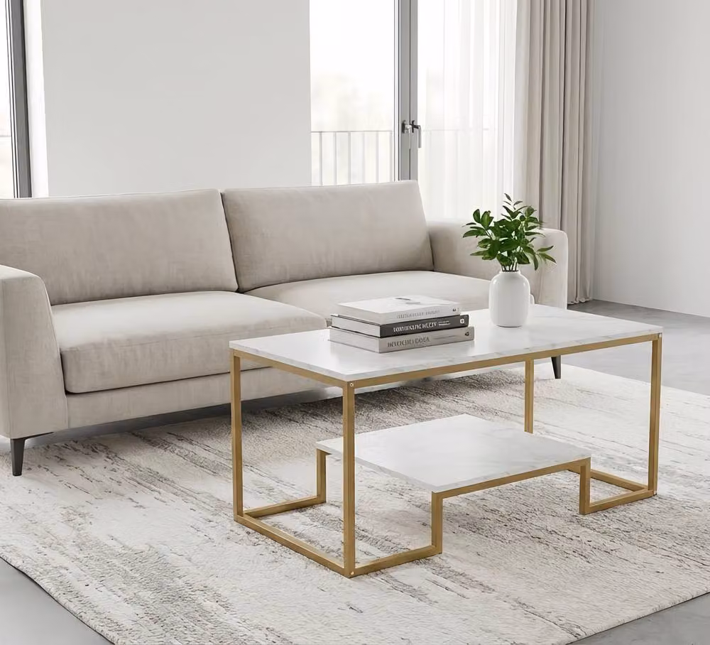 Alivio Industrial 2-Tier Rectangular Coffee Table with Wood Top and Metal Frame in White – 2
