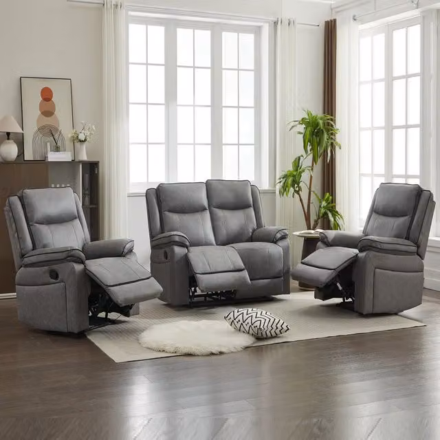 Furniture One Grey Fabric Manual Reclining Sofa Suite Including 3 Seater Sofa, 2 Seater Sofa and Armchair
