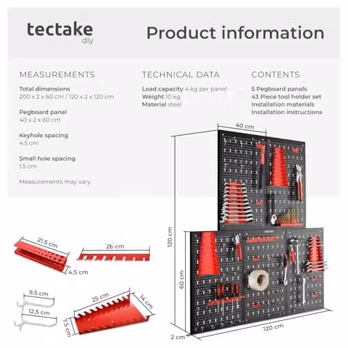 tectake 5-Panel Metal Pegboard Wall-Mounted Tool Organiser with Hooks and Holders in Black and Red – 6