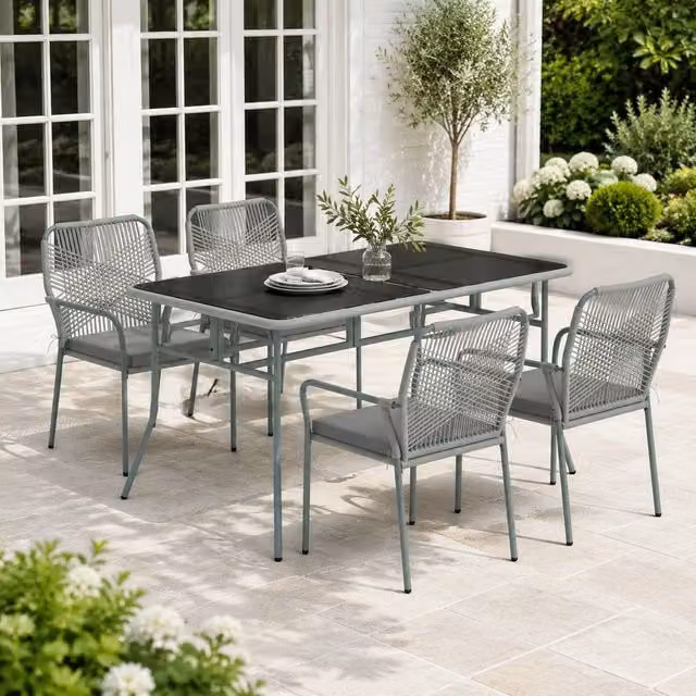 STILVORA Modern Garden Dining Set with Rectangular Glass Table and Stackable Grey Chairs – 1
