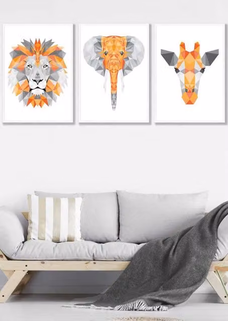 ARTZE Set of 3 Geometric Jungle Animal Head Wall Art in Orange and Grey with White Frames, W: 45 cm, H: 62 cm, D: 2 cm