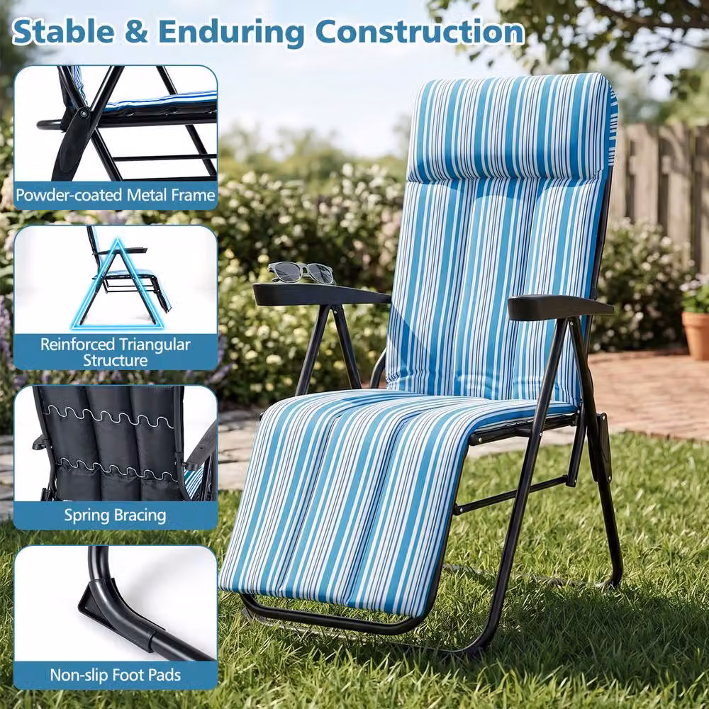 Gymax Blue Striped Foldable Sun Lounger Recliner with Adjustable Headrest and Armrests – 9