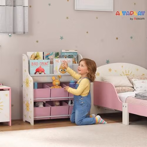 AIYAPLAY Kids Toy Storage Unit with 6 Fabric Drawers and 2-Tier Sling Rack, Pink – 2