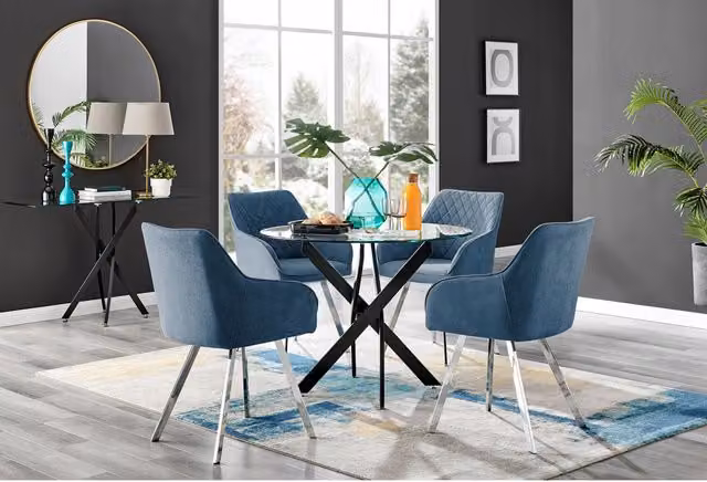 FurnitureboxUK Novara Round Glass Dining Table with 4 Falun Silver Leg Chairs in Blue